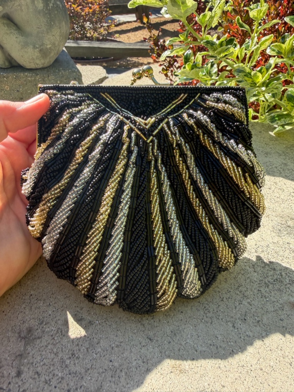 La Regale Black, Gold & Silver Beaded Shell Clutch